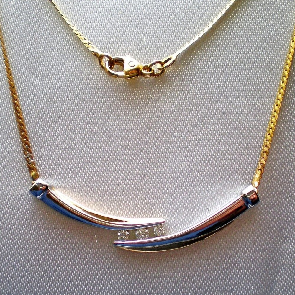 Vintage Designer Two Tone 14K Yellow White Gold Diamond Necklace Collier Chain